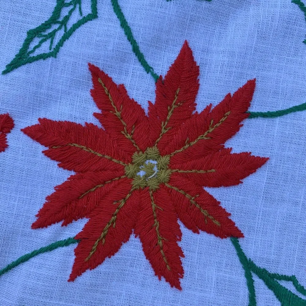 Vintage Embroidered Cotton Christmas Round Tablecloth 57” Yarn Fringe 5 Napkins